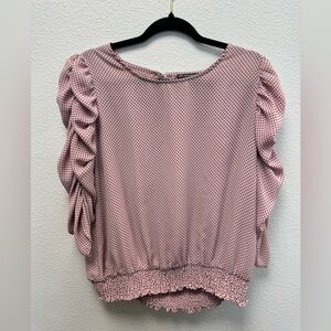 Lots of fun details in the pink with black dots Arianna Papell blouse.